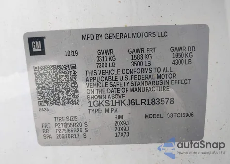 2020 GMC Yukon Xl 2Wd Denali из США, поврежденный, VIN 1GKS1HKJ6LR183578